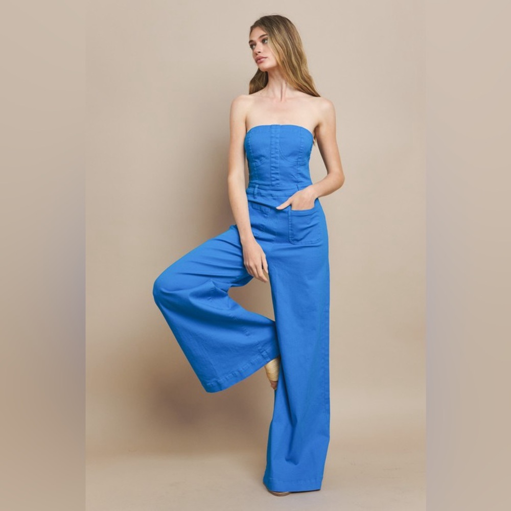 New! Cobalt Blue Strapless Bustier Denim Jumpsuit | Wide Leg Stretch